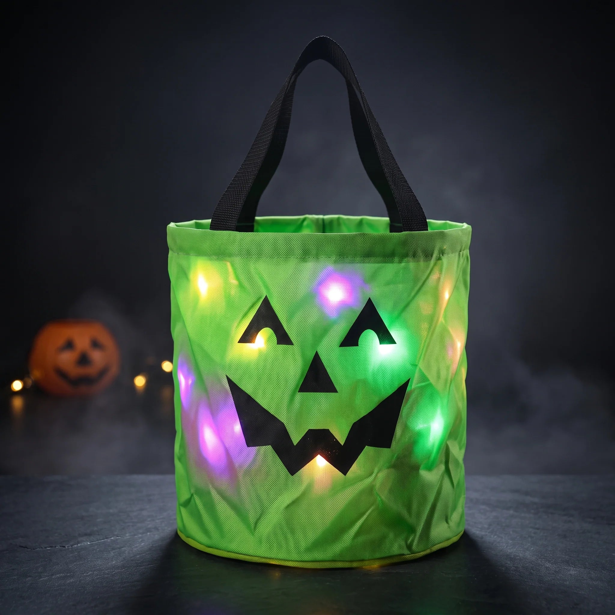 CandyGleam green light-up Halloween candy bag with jack-o-lantern face