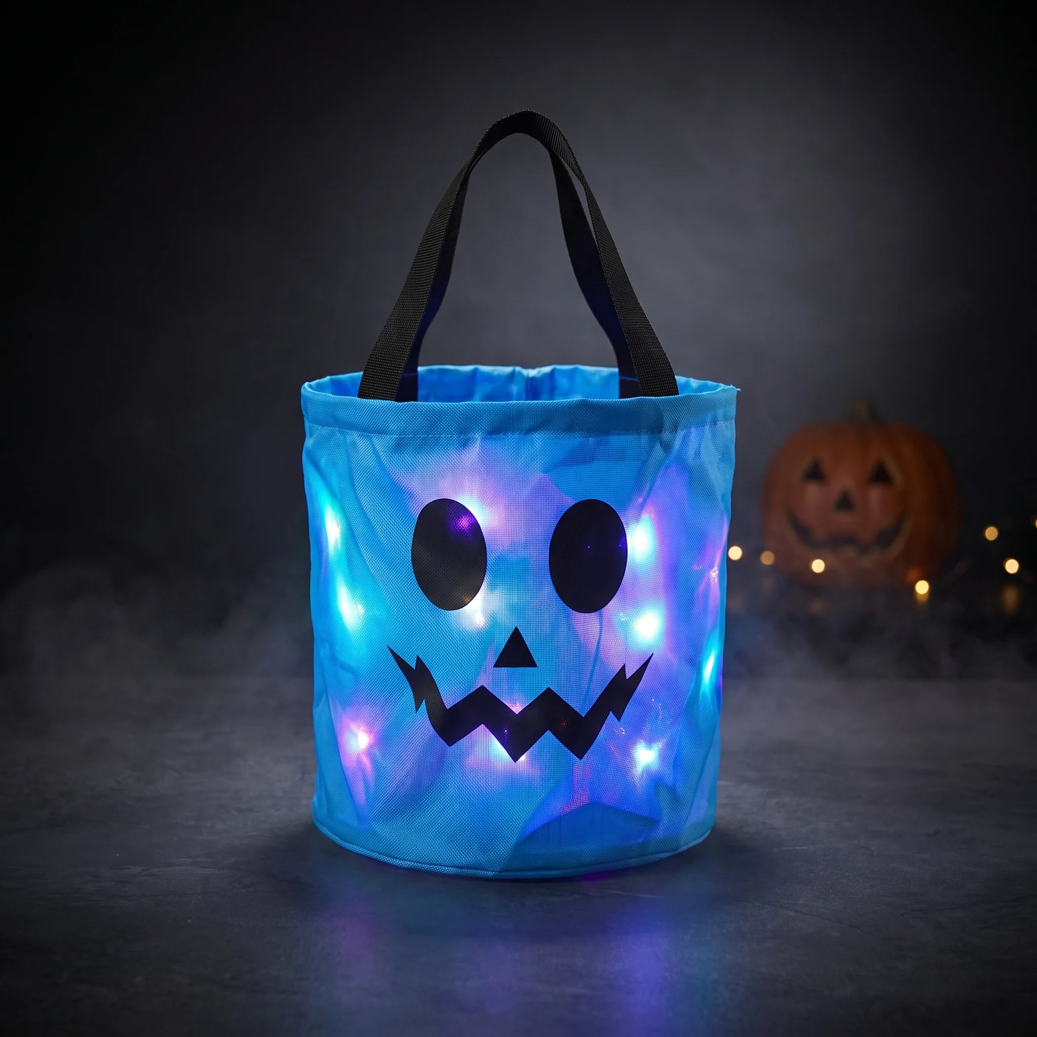 CandyGleam blue LED Halloween treat bucket with playful ghost face
