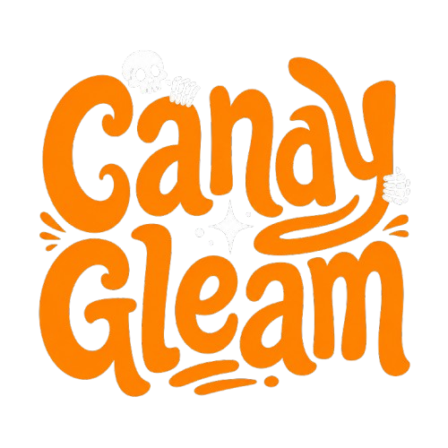 The words 'Candy Gleam' written in a bold, rounded orange retro font with small white decorative doodles and sparkles around it, on a plain white background.